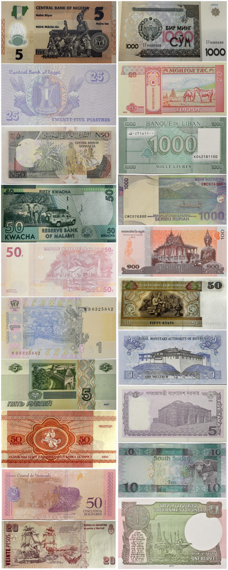 Zestaw 20 banknotów Świata - stan UNC + etui