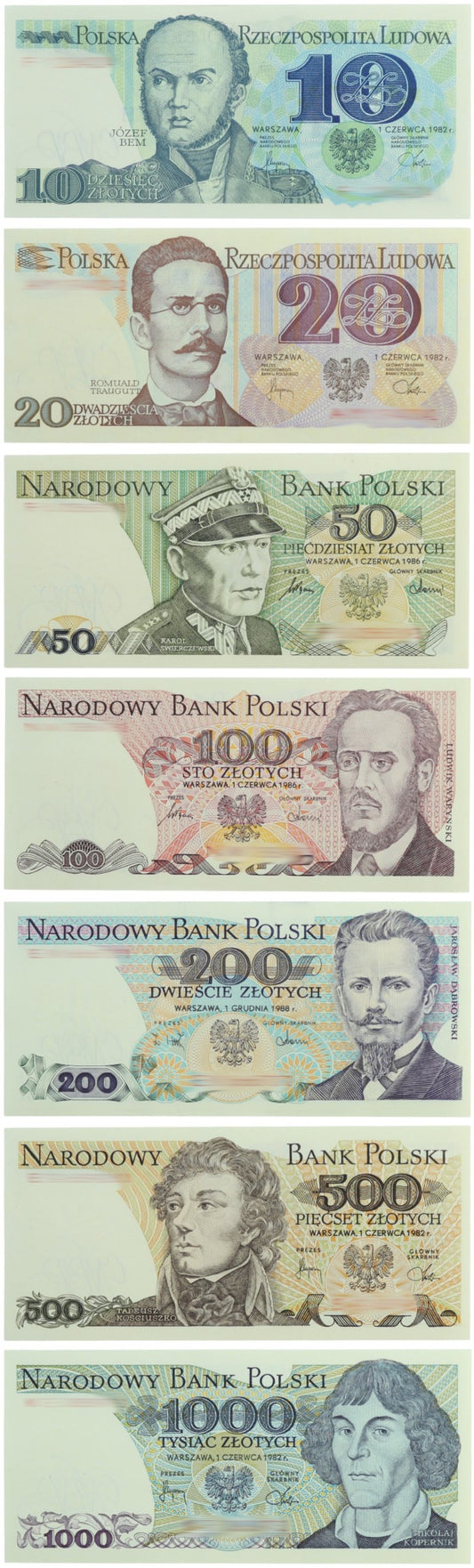 Zestaw 7 banknotów PRL - od 10 do 1000 zł - stan UNC